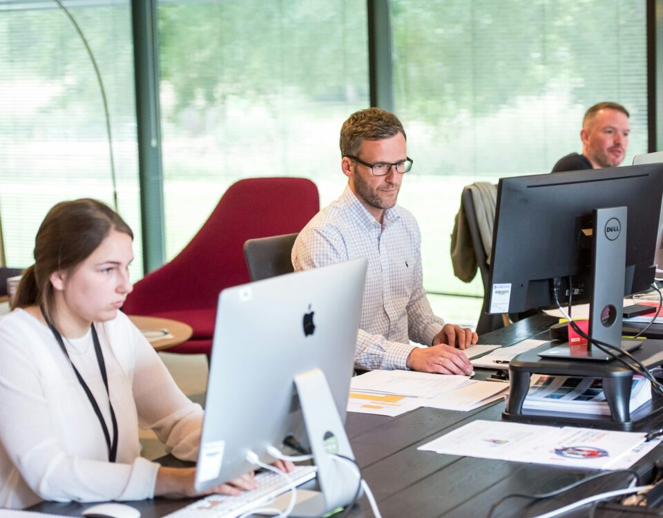 Drei Personen arbeiten konzentriert an ihren Computern in einem modernen Büro mit hellen Fenstern im Hintergrund. Der Fokus auf die Arbeitsumgebung deutet auf die administrative Verarbeitung von Daten hin. Steueridentifikationsnummer verweist hier auf die Notwendigkeit, eindeutige und korrekte Daten, wie die Steuer-ID der Mitarbeitenden, im System zu erfassen, um eine reibungslose Lohn- und Gehaltsabrechnung sicherzustellen.